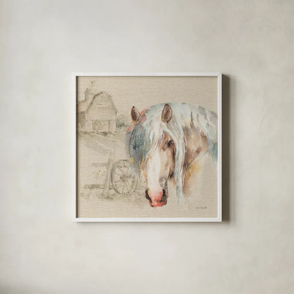 Farm Friends IV on Burlap by Lisa Audit. Shown in a crisp white glass frame for a clean and minimalist style. Available as an archival giclee rolled canvas, fine art paper, or poster print. SKU 101478a.
