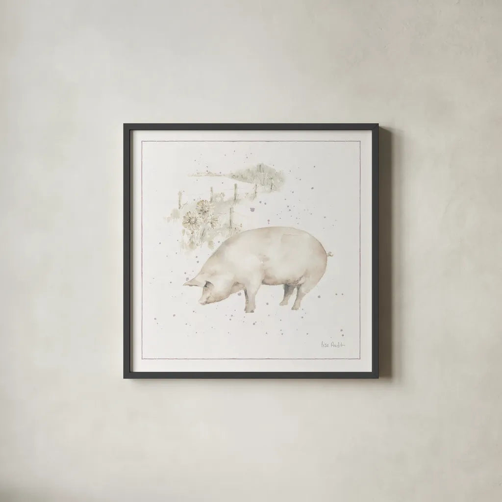 Farm Friends IX Neutral by Lisa Audit. Shown in a sleek black glass frame for a contemporary gallery look. Available as an archival giclee rolled canvas, fine art paper, or poster print. SKU 39932a.