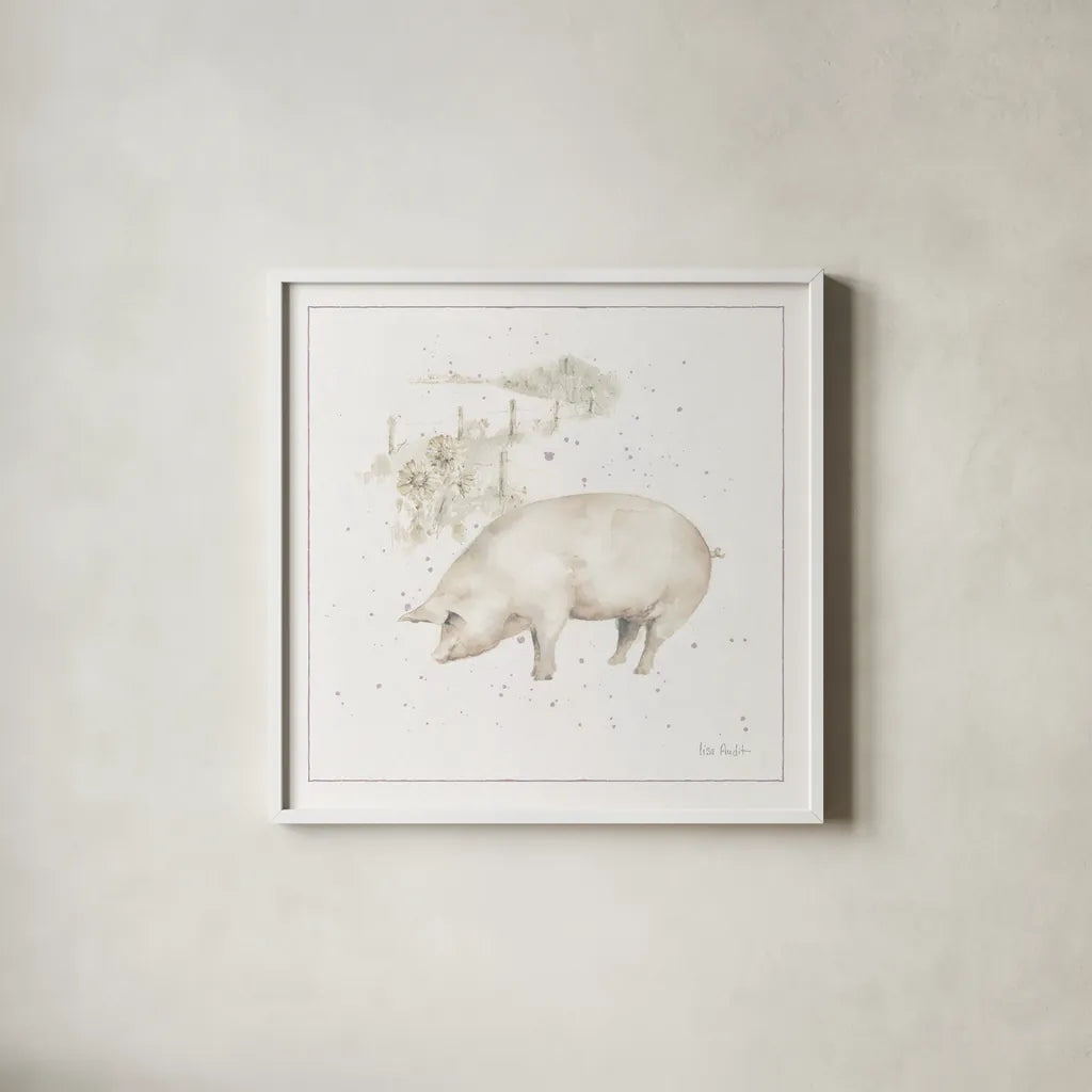 Farm Friends IX Neutral by Lisa Audit. Shown in a crisp white glass frame for a clean and minimalist style. Available as an archival giclee rolled canvas, fine art paper, or poster print. SKU 39932a.