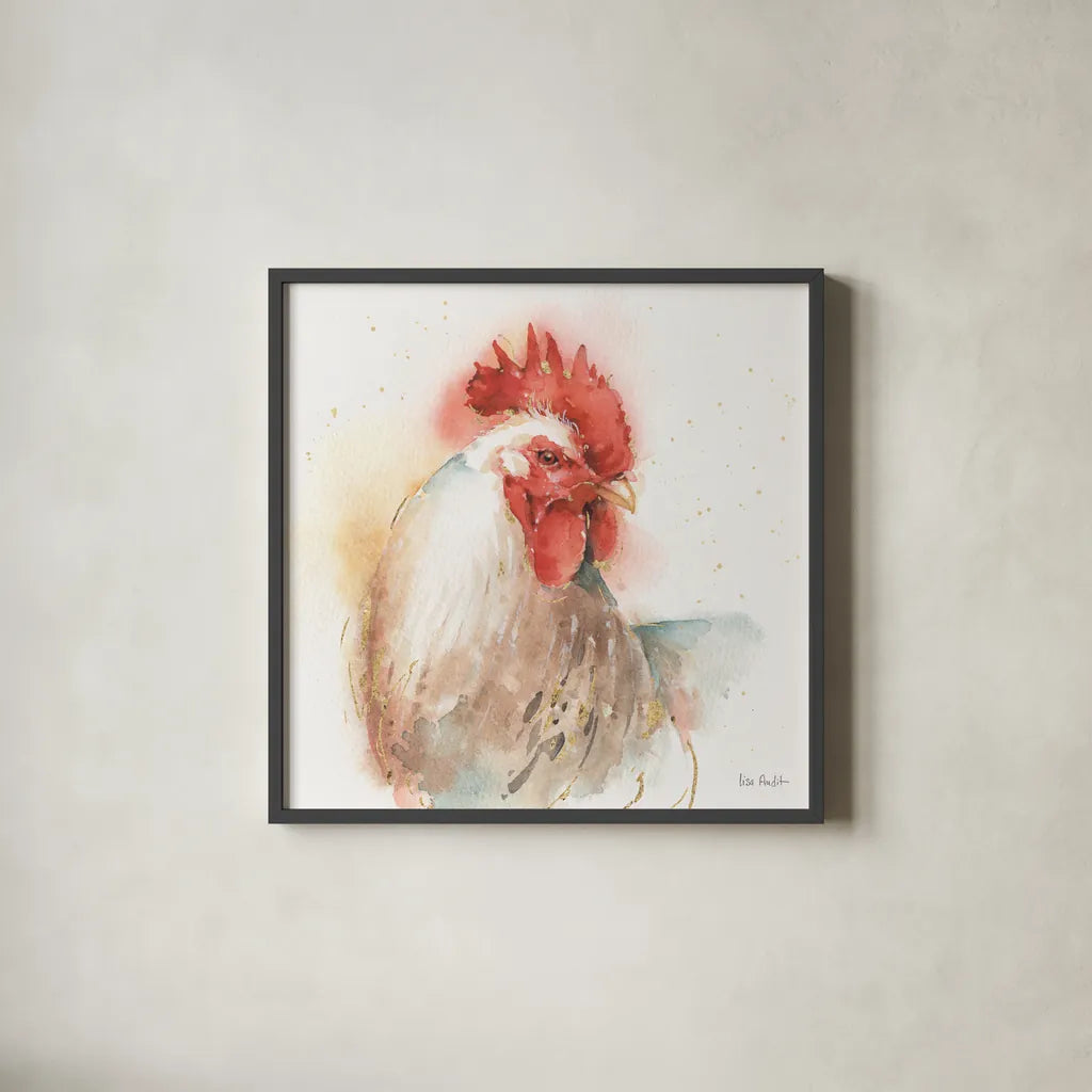 Farm Friends V by Lisa Audit. Shown in a sleek black glass frame for a contemporary gallery look. Available as an archival giclee rolled canvas, fine art paper, or poster print. SKU 26536a.