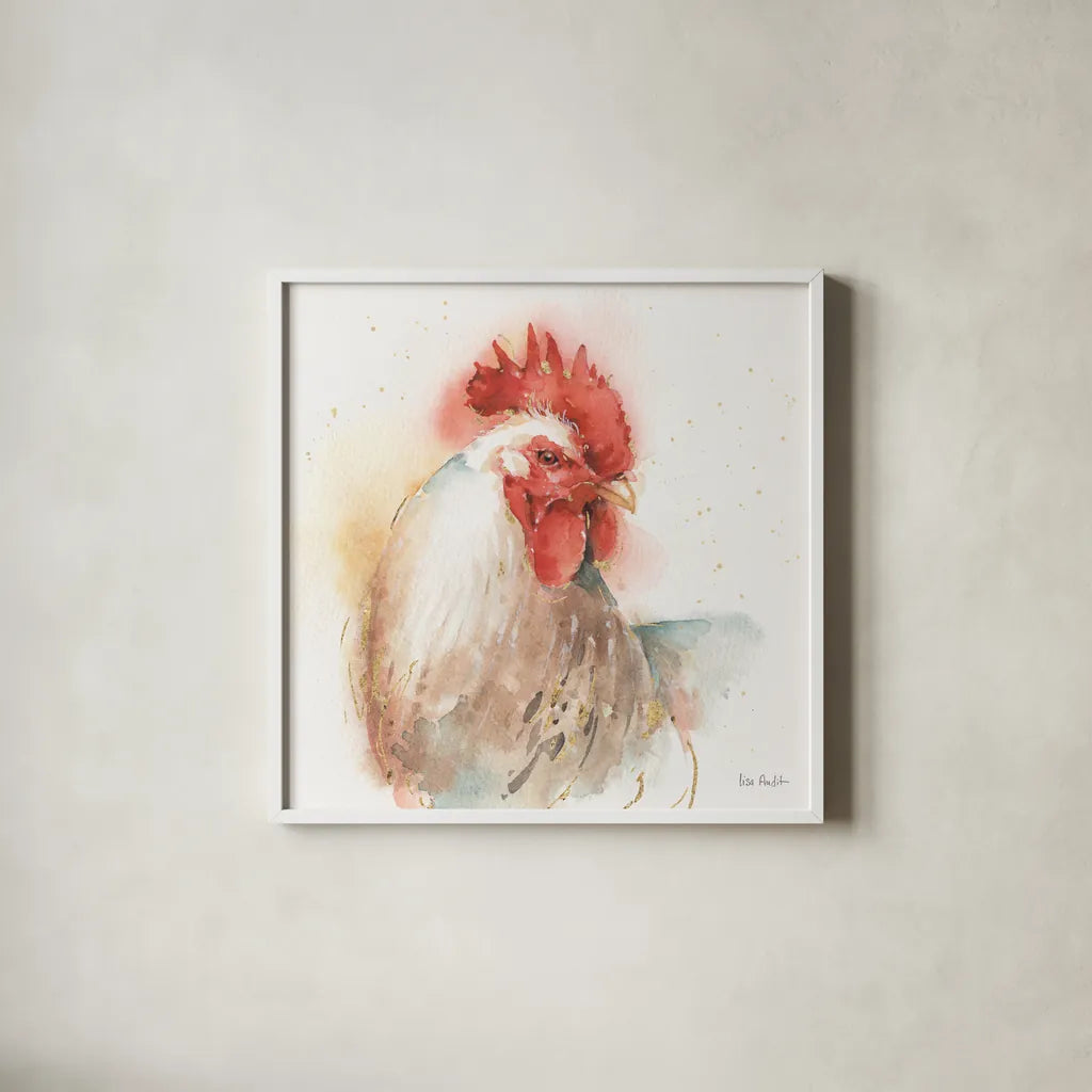 Farm Friends V by Lisa Audit. Shown in a crisp white glass frame for a clean and minimalist style. Available as an archival giclee rolled canvas, fine art paper, or poster print. SKU 26536a.