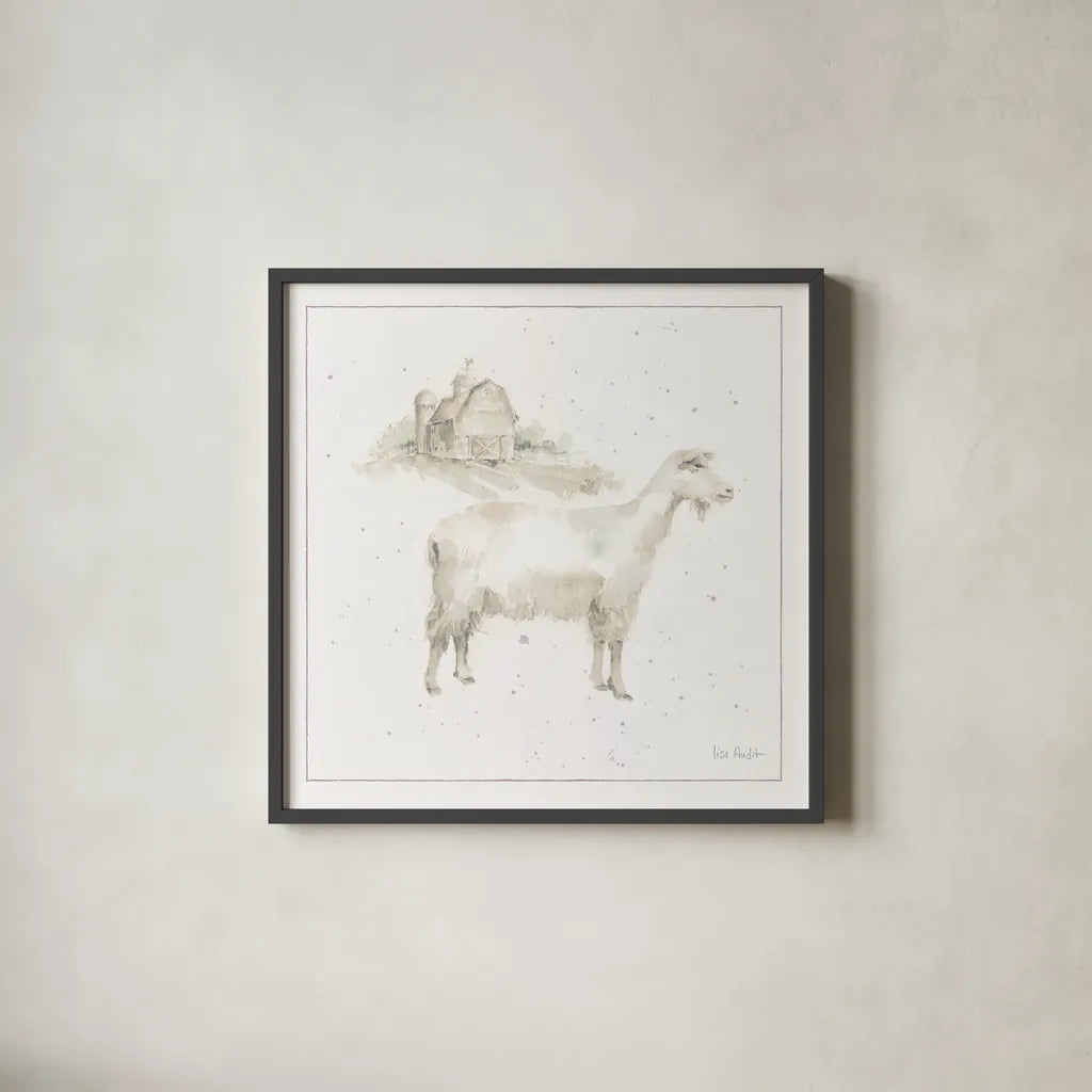 Farm Friends VII Neutral by Lisa Audit. Shown in a sleek black glass frame for a contemporary gallery look. Available as an archival giclee rolled canvas, fine art paper, or poster print. SKU 39931a.