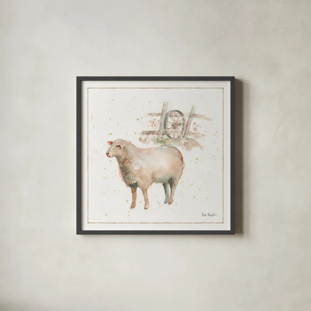 Farm Friends X by Lisa Audit. Shown in a sleek black glass frame for a contemporary gallery look. Available as an archival giclee rolled canvas, fine art paper, or poster print. SKU 26541a.