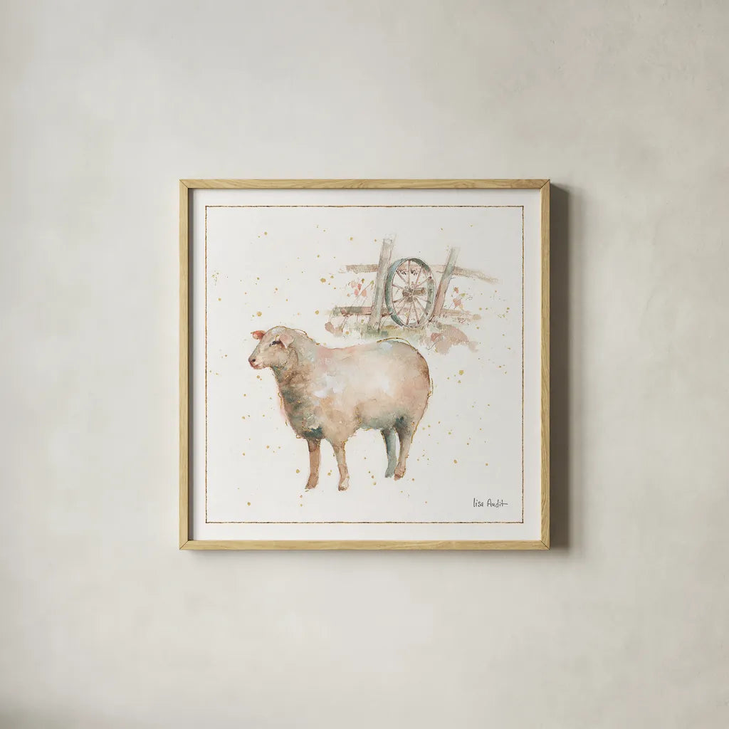 Farm Friends X by Lisa Audit. Shown in a natural wood glass frame for a timeless modern aesthetic. Available as an archival giclee rolled canvas, fine art paper, or poster print. SKU 26541a.