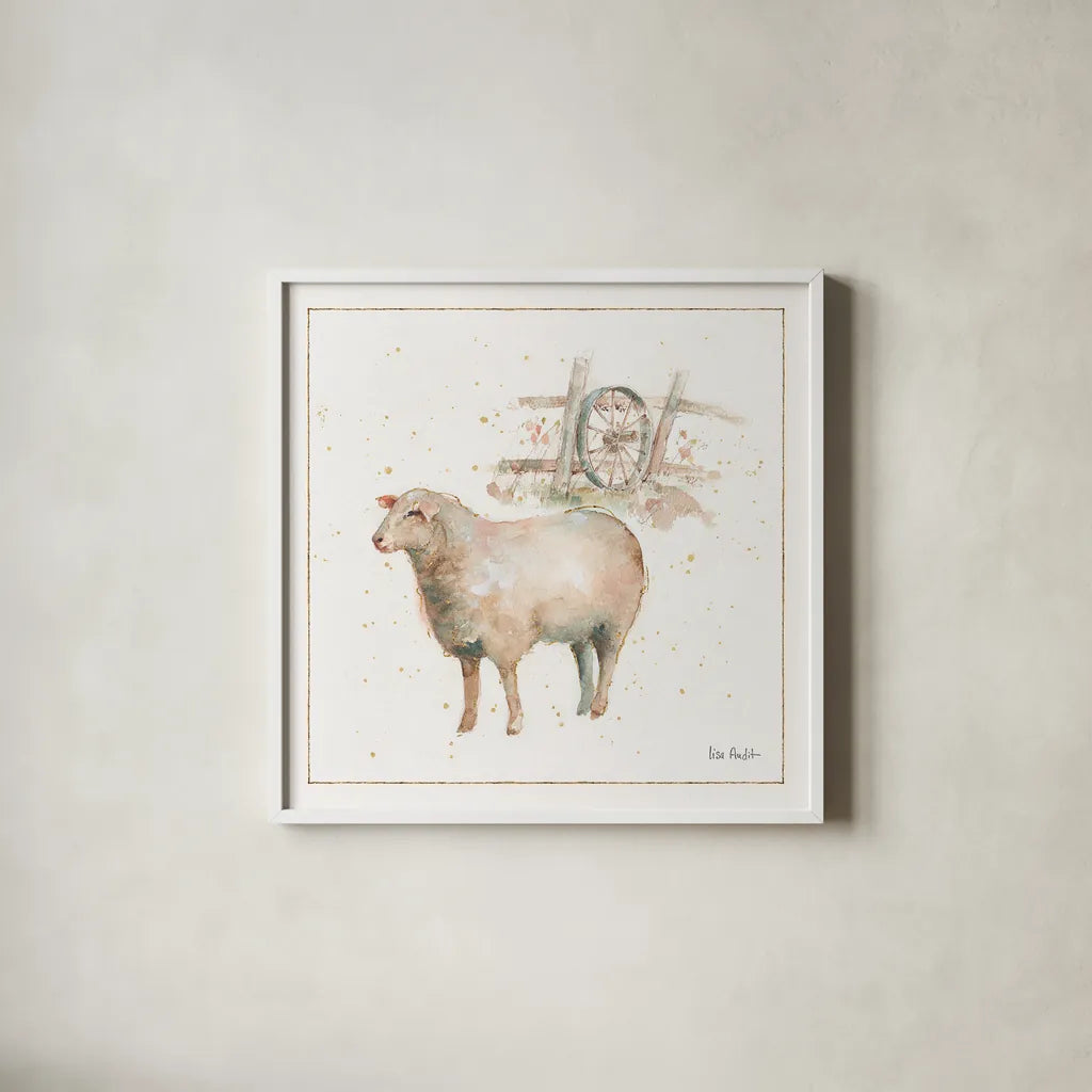 Farm Friends X by Lisa Audit. Shown in a crisp white glass frame for a clean and minimalist style. Available as an archival giclee rolled canvas, fine art paper, or poster print. SKU 26541a.