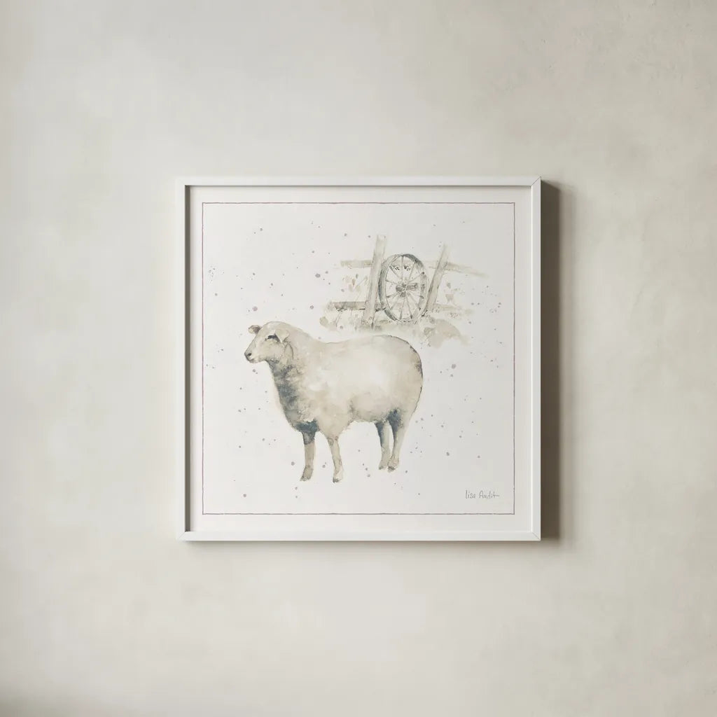 Farm Friends X Neutral by Lisa Audit. Shown in a crisp white glass frame for a clean and minimalist style. Available as an archival giclee rolled canvas, fine art paper, or poster print. SKU 39933a.