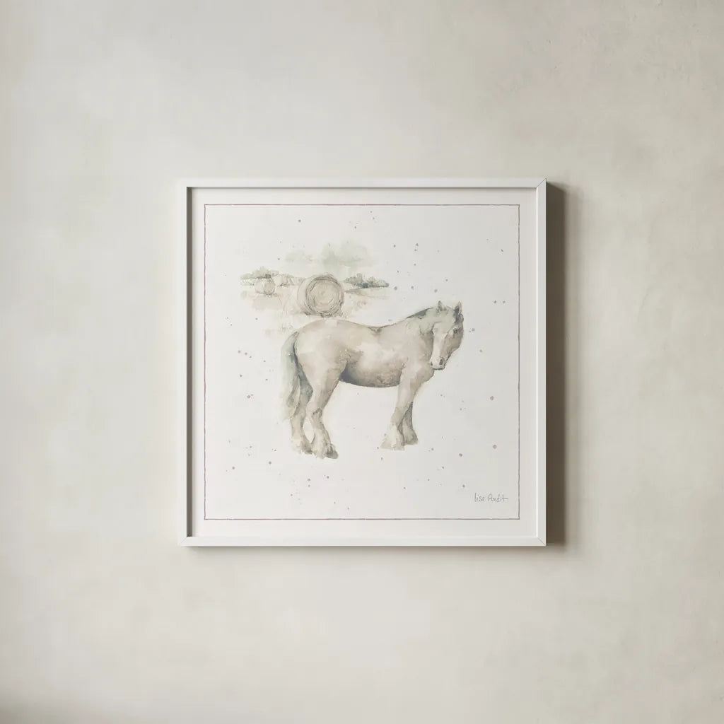Farm Friends XII Neutral by Lisa Audit. Shown in a crisp white glass frame for a clean and minimalist style. Available as an archival giclee rolled canvas, fine art paper, or poster print. SKU 39935a.