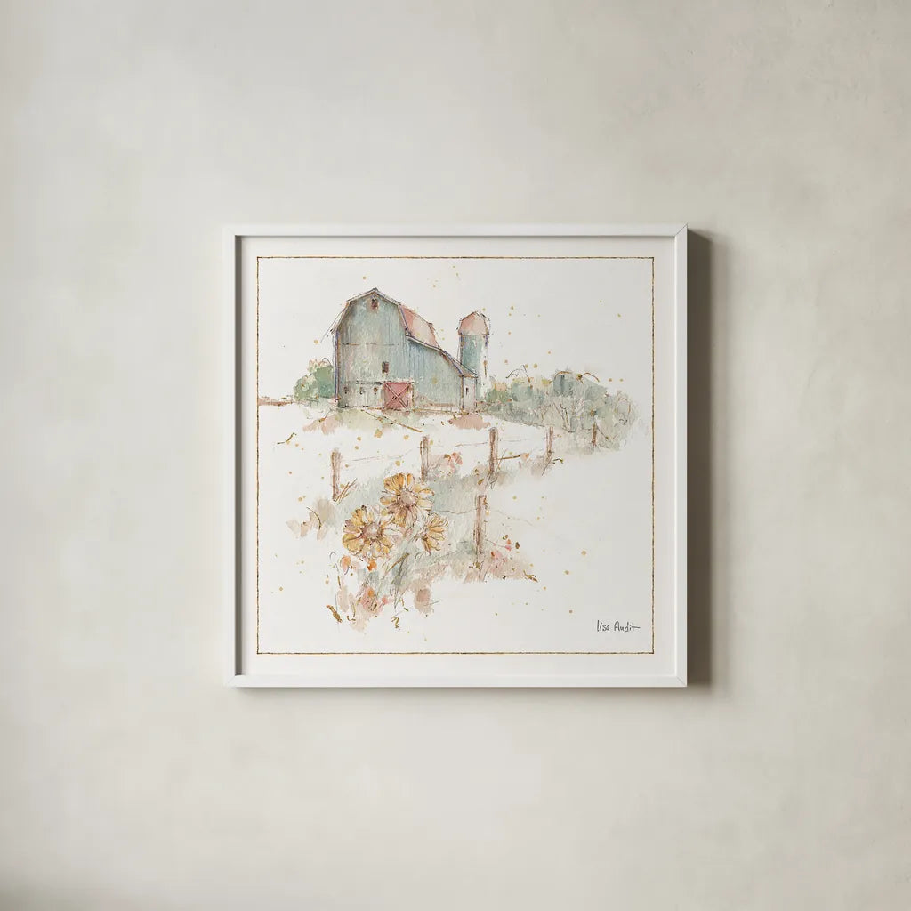 Farm Friends XIV by Lisa Audit. Shown in a crisp white glass frame for a clean and minimalist style. Available as an archival giclee rolled canvas, fine art paper, or poster print. SKU 26545a.