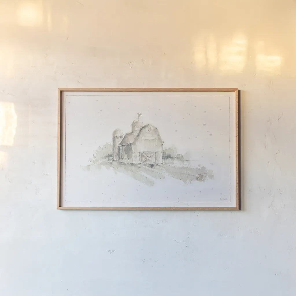 Farm Friends XV Barn Neutral by Lisa Audit. shown as a paper print in a natural frame. Available as a archival giclee rolled canvas, fine art paper, or poster print. SKU 39937i.