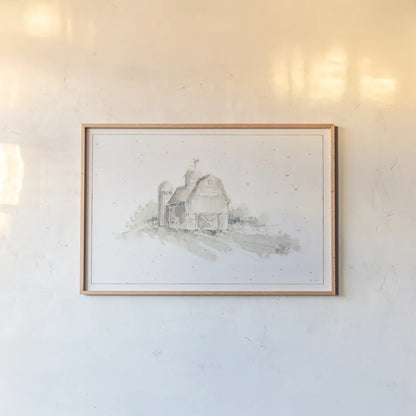 Farm Friends XV Barn Neutral by Lisa Audit. shown as a paper print in a natural frame. Available as a archival giclee rolled canvas, fine art paper, or poster print. SKU 39937i.