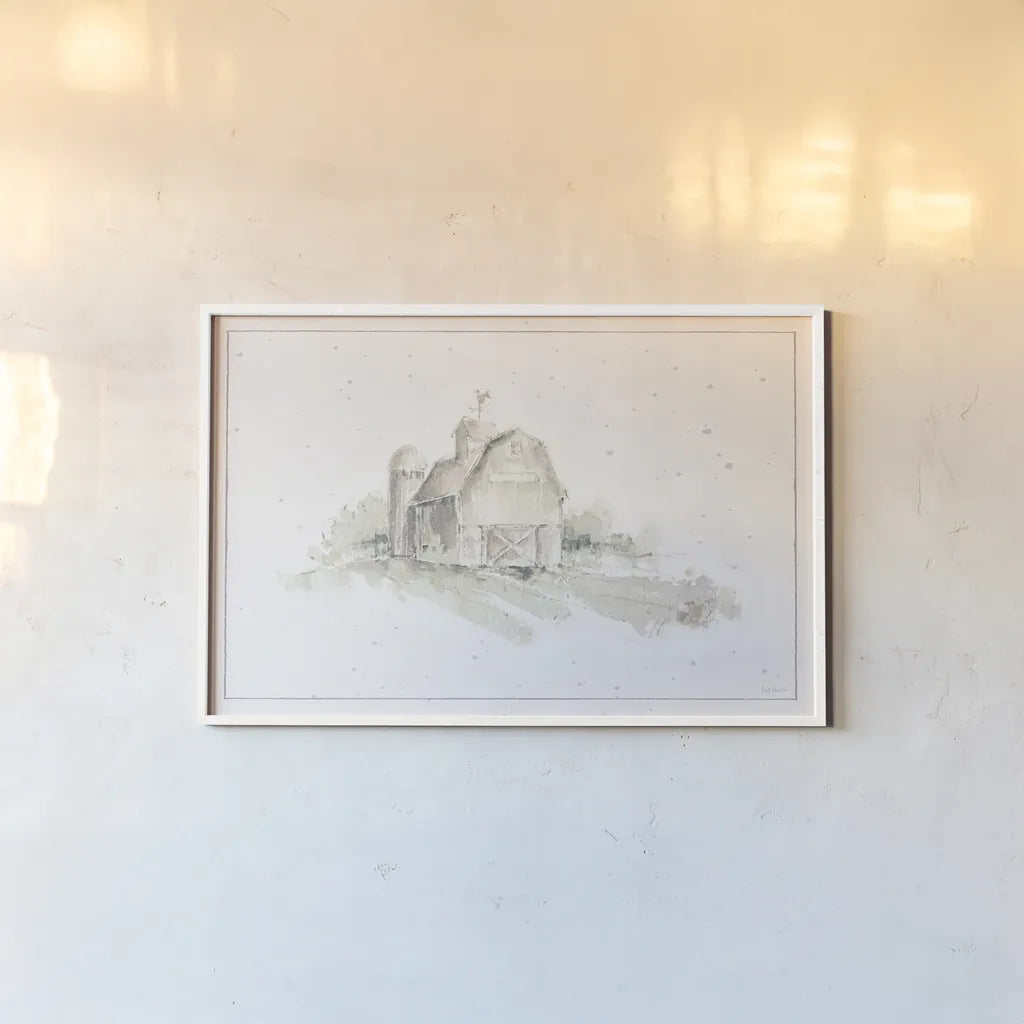 Farm Friends XV Barn Neutral by Lisa Audit. shown as a paper print in a white frame. Available as a archival giclee rolled canvas, fine art paper, or poster print. SKU 39937i.