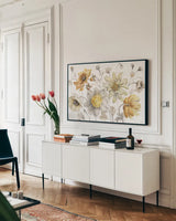 Fields of Gold I by Lisa Audit. shown as a framed stretched canvas in a living room above a console. Available as a archival giclee rolled canvas, fine art paper, or poster print. SKU 39286i.