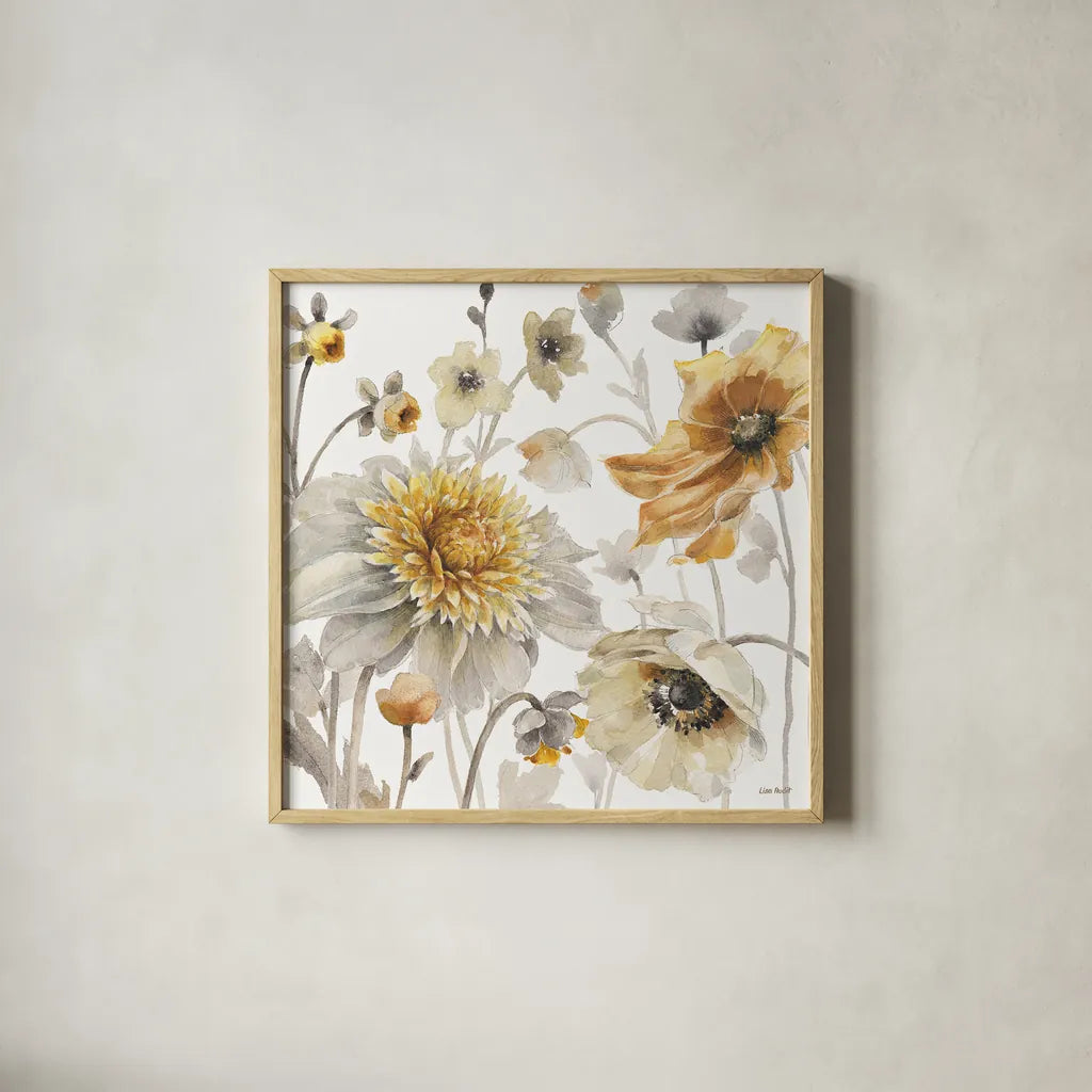Fields of Gold II by Lisa Audit. Shown in a natural wood glass frame for a timeless modern aesthetic. Available as an archival giclee rolled canvas, fine art paper, or poster print. SKU 39287a.