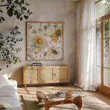 Fields of Gold II by Lisa Audit. Shown in a natural wood frame in a cozy modern living room. Available as an archival giclee rolled canvas, fine art paper, or poster print. SKU 39287a.