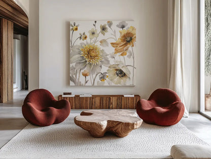 Fields of Gold II by Lisa Audit. Shown as extra-large giant wall art in a modern living room. Available as an archival giclee rolled canvas, fine art paper, or poster print. SKU 39287a.