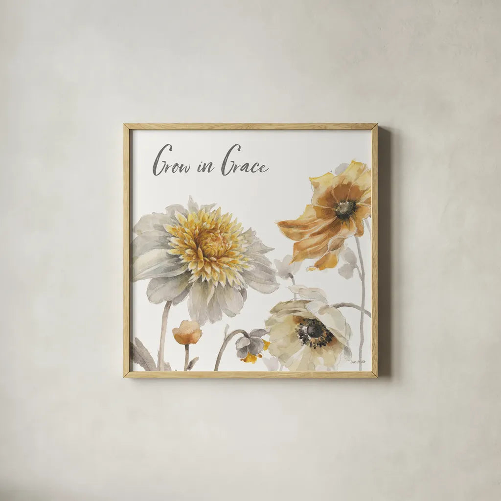 Fields of Gold II Grace by Lisa Audit. Shown in a natural wood glass frame for a timeless modern aesthetic. Available as an archival giclee rolled canvas, fine art paper, or poster print. SKU 41569a.