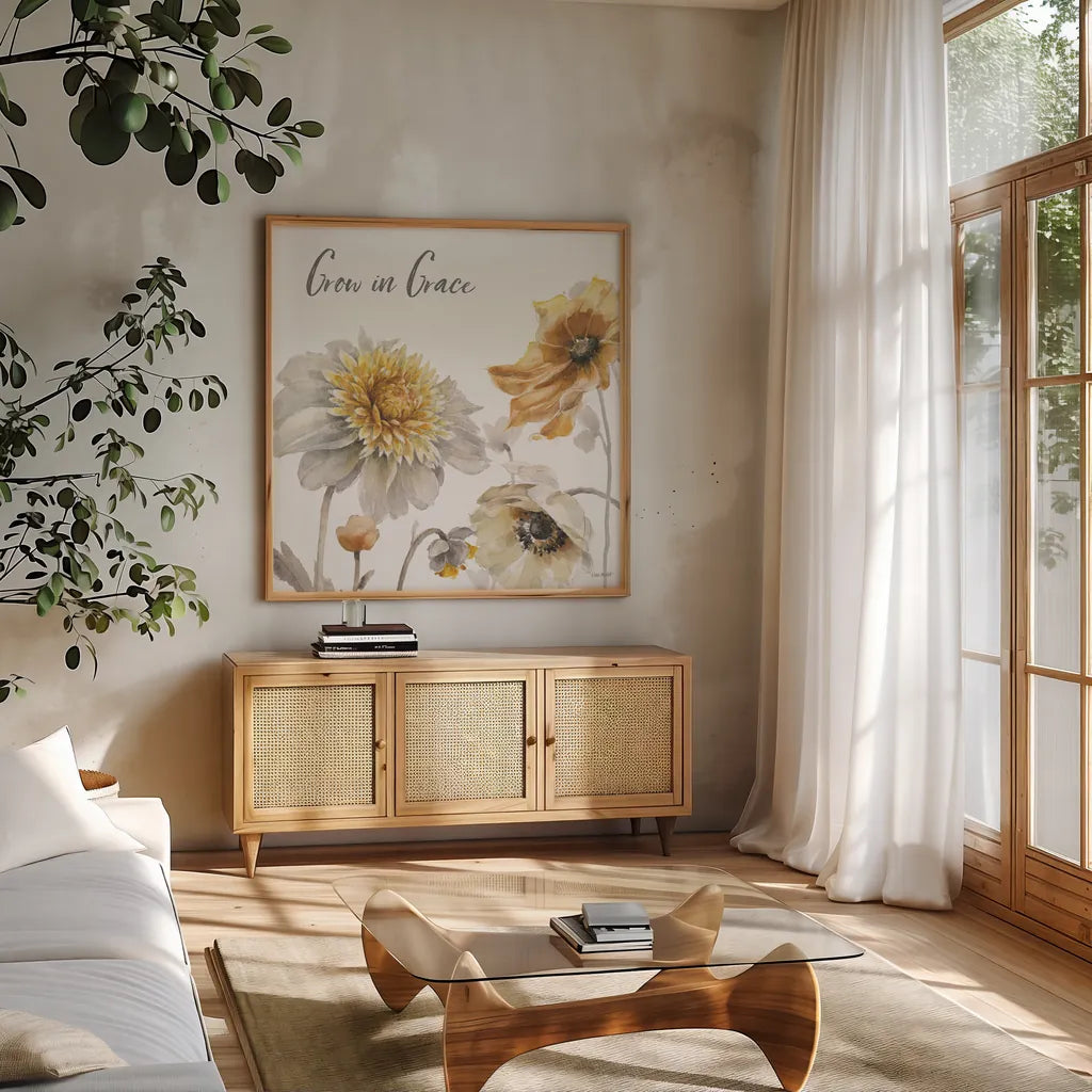 Fields of Gold II Grace by Lisa Audit. Shown in a natural wood frame in a cozy modern living room. Available as an archival giclee rolled canvas, fine art paper, or poster print. SKU 41569a.