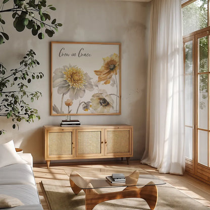 Fields of Gold II Grace by Lisa Audit. Shown in a natural wood frame in a cozy modern living room. Available as an archival giclee rolled canvas, fine art paper, or poster print. SKU 41569a.