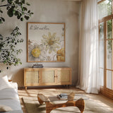 Fields of Gold III Know by Lisa Audit. Shown in a natural wood frame in a cozy modern living room. Available as an archival giclee rolled canvas, fine art paper, or poster print. SKU 41570a.