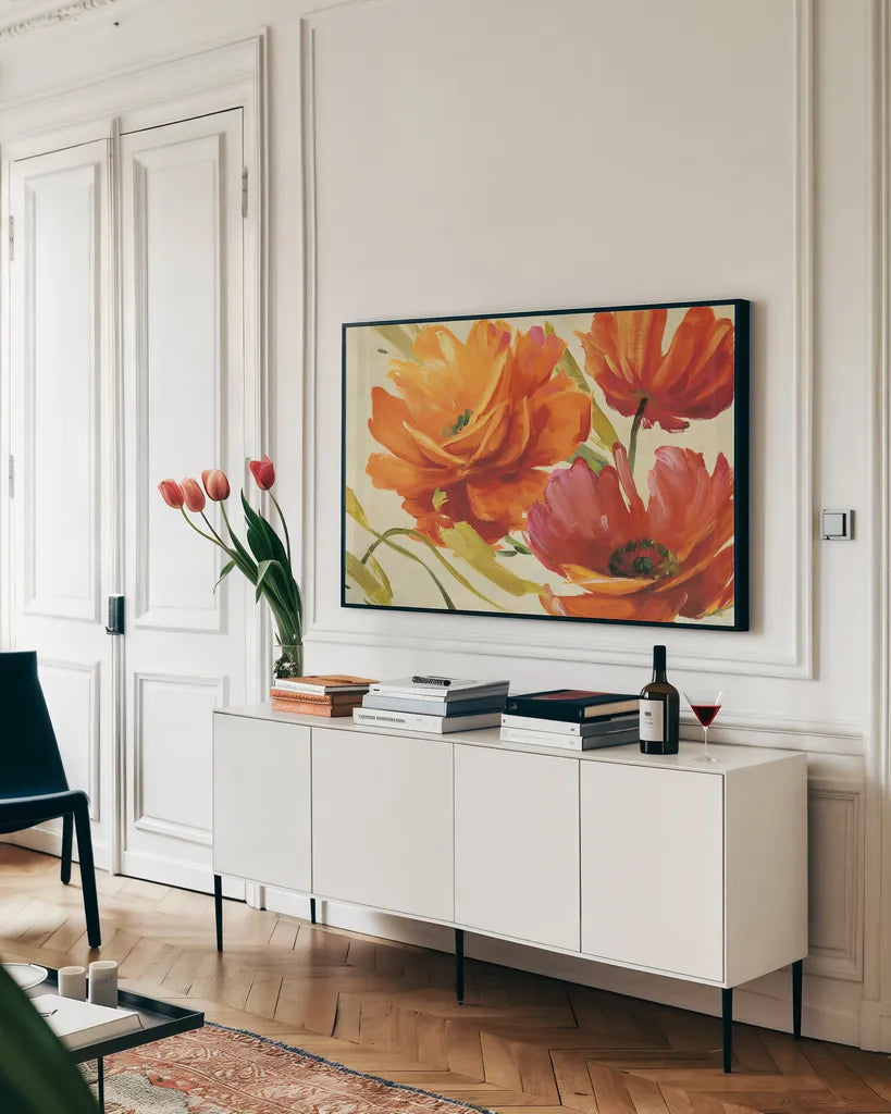 Flamboyant III by Lisa Audit. shown as a framed stretched canvas in a living room above a console. Available as a archival giclee rolled canvas, fine art paper, or poster print. SKU 2203i.