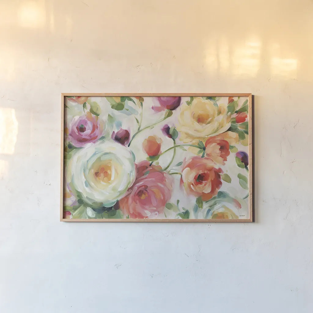 Florabundance I by Lisa Audit. shown as a paper print in a natural frame. Available as a archival giclee rolled canvas, fine art paper, or poster print. SKU 33488i.