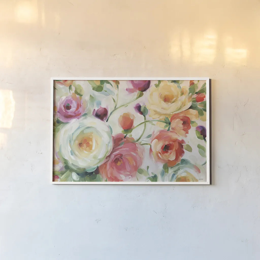 Florabundance I by Lisa Audit. shown as a paper print in a white frame. Available as a archival giclee rolled canvas, fine art paper, or poster print. SKU 33488i.