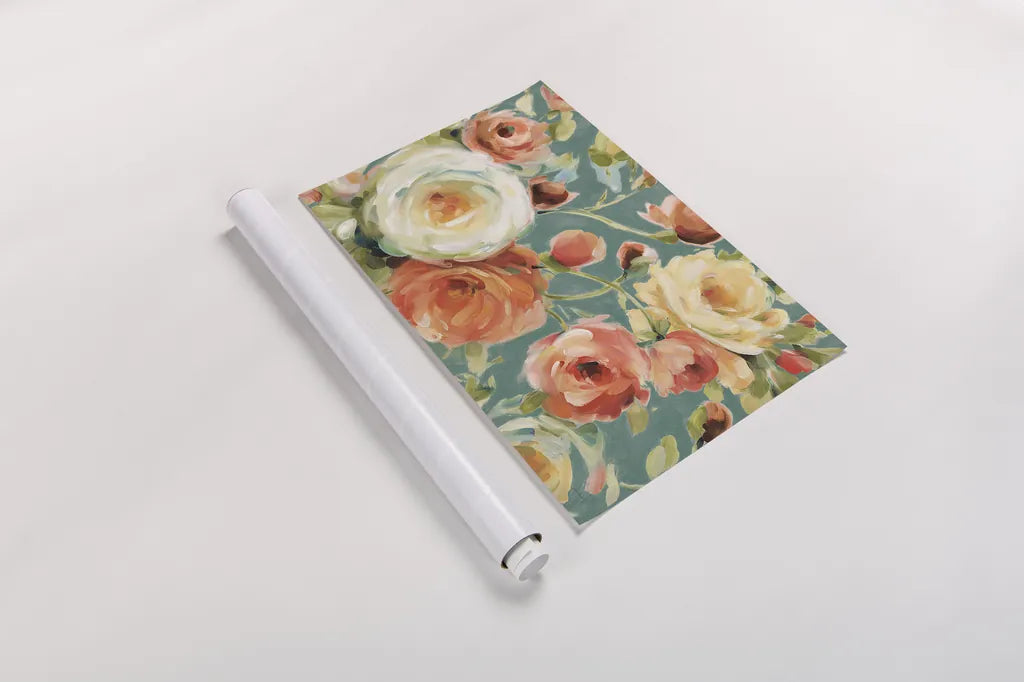 Florabundance I Autumn Teal by Lisa Audit. shown as a rolled paper print. Available as archival giclee rolled canvas, fine art paper, or poster print. SKU 34534i.