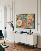 Florabundance I Autumn Teal by Lisa Audit. shown as a framed stretched canvas in a living room above a console. Available as a archival giclee rolled canvas, fine art paper, or poster print. SKU 34534i.