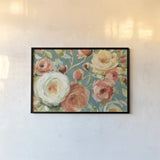 Florabundance I Autumn Teal by Lisa Audit. shown as a paper print in a black flame. Available as a archival giclee rolled canvas, fine art paper, or poster print. SKU 34534i.