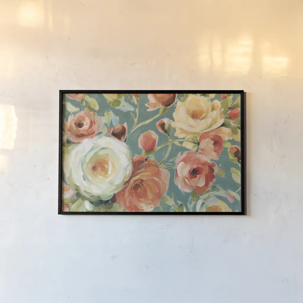 Florabundance I Autumn Teal by Lisa Audit. shown as a paper print in a black flame. Available as a archival giclee rolled canvas, fine art paper, or poster print. SKU 34534i.