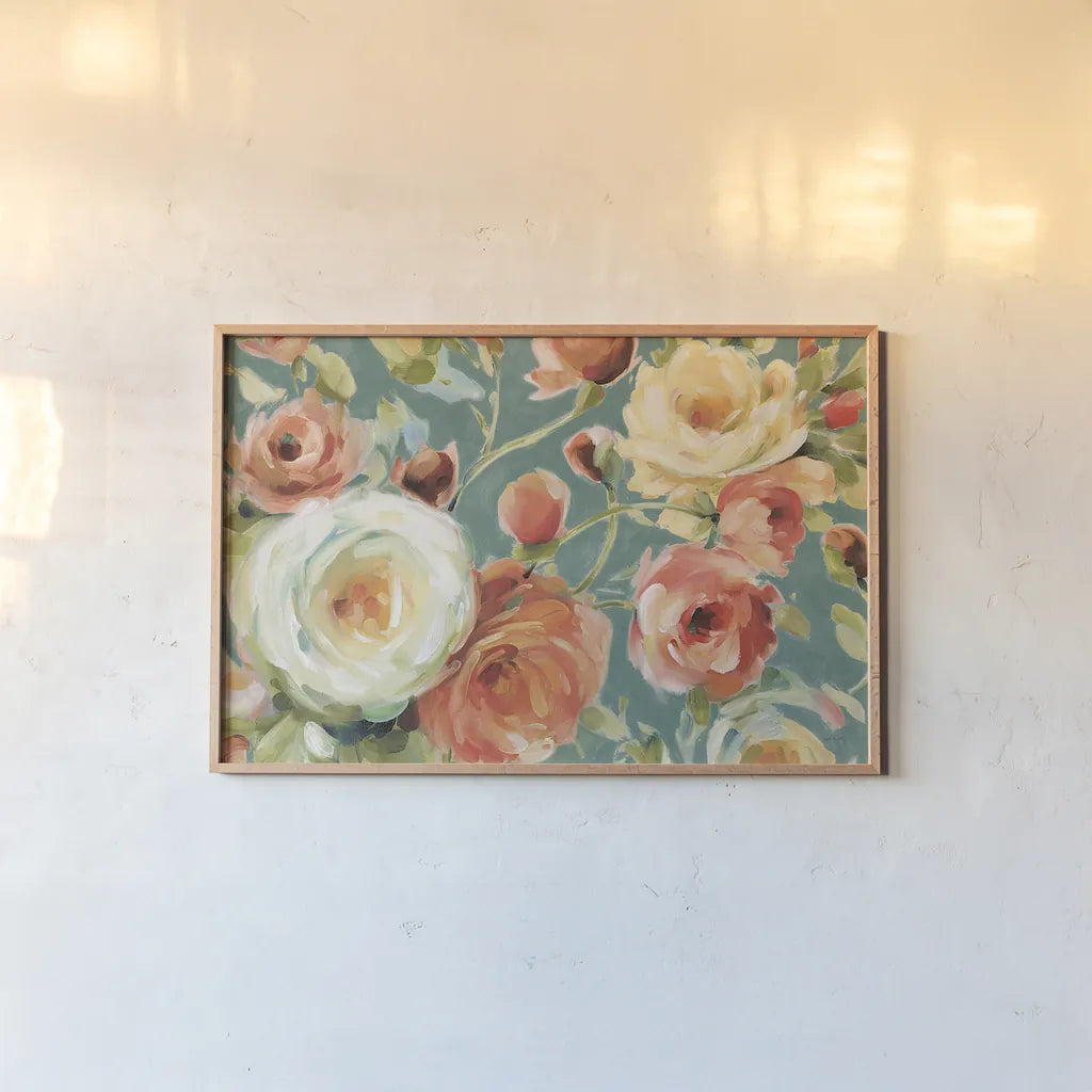 Florabundance I Autumn Teal by Lisa Audit. shown as a paper print in a natural frame. Available as a archival giclee rolled canvas, fine art paper, or poster print. SKU 34534i.