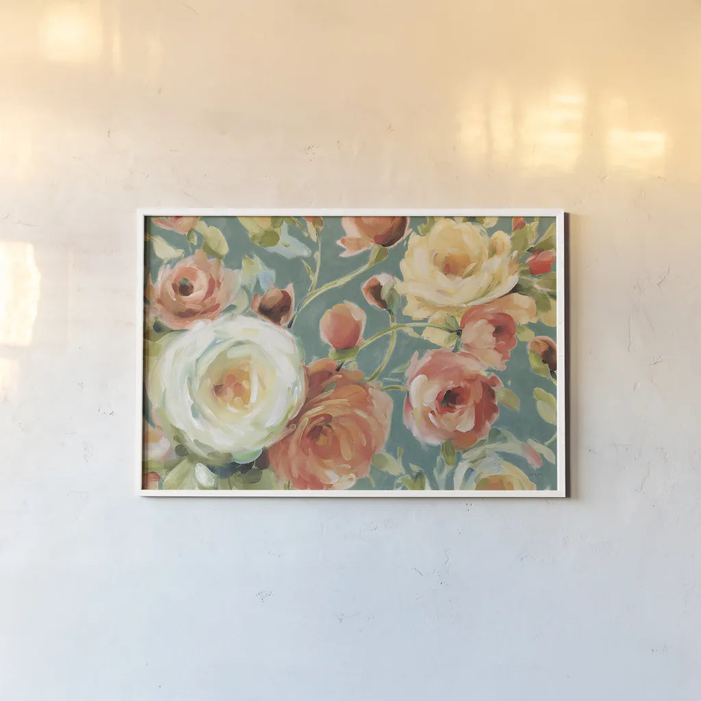 Florabundance I Autumn Teal by Lisa Audit. shown as a paper print in a white frame. Available as a archival giclee rolled canvas, fine art paper, or poster print. SKU 34534i.