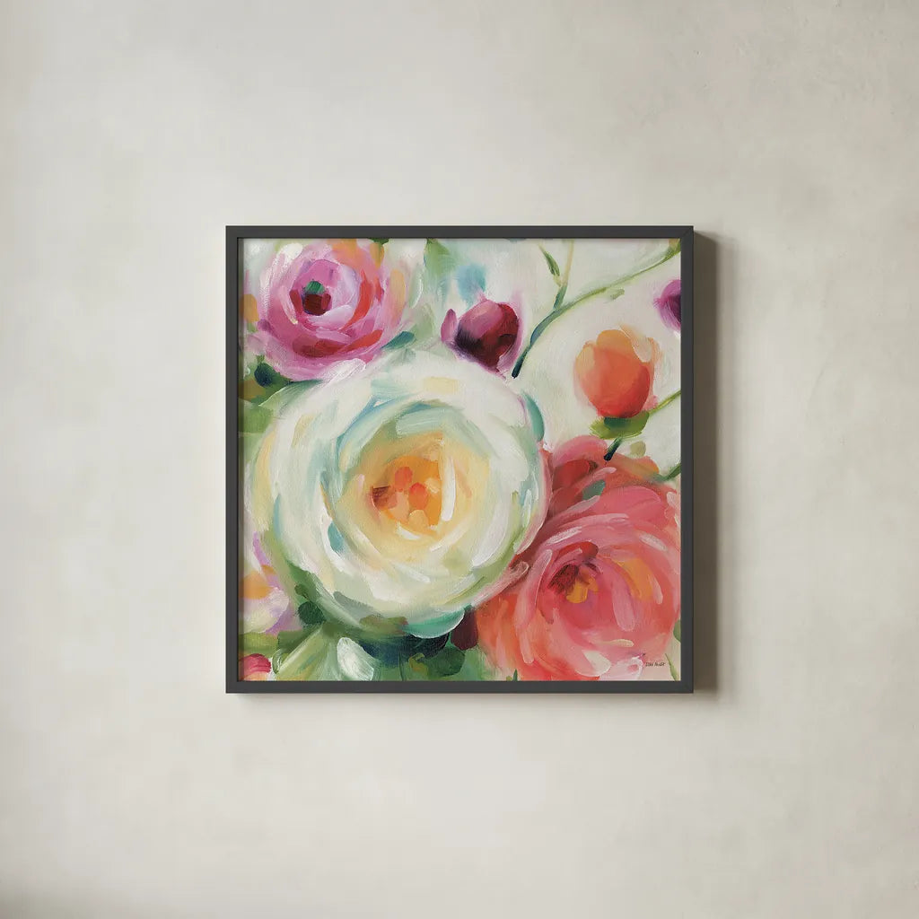 Florabundance II by Lisa Audit. Shown in a sleek black glass frame for a contemporary gallery look. Available as an archival giclee rolled canvas, fine art paper, or poster print. SKU 33489a.