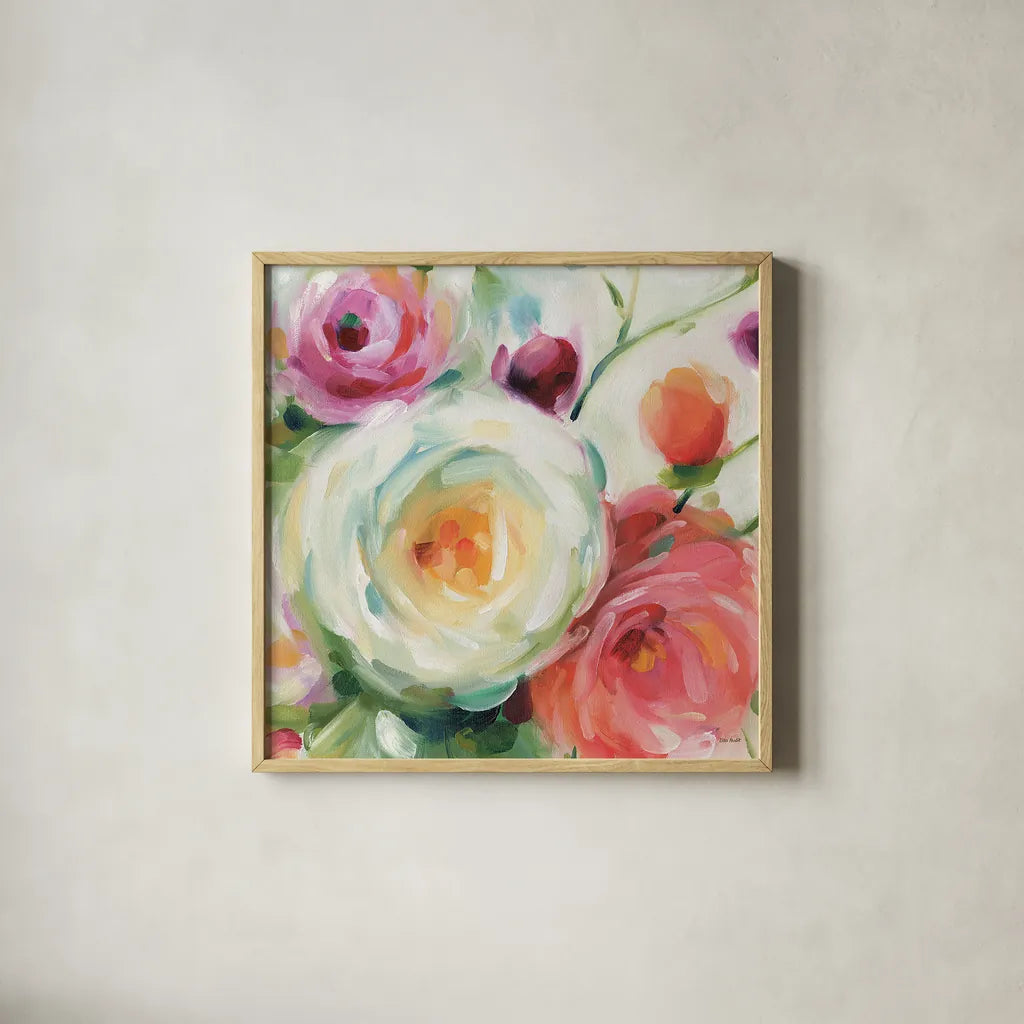 Florabundance II by Lisa Audit. Shown in a natural wood glass frame for a timeless modern aesthetic. Available as an archival giclee rolled canvas, fine art paper, or poster print. SKU 33489a.