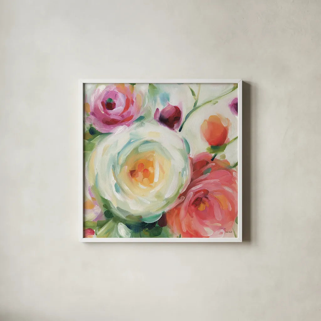 Florabundance II by Lisa Audit. Shown in a crisp white glass frame for a clean and minimalist style. Available as an archival giclee rolled canvas, fine art paper, or poster print. SKU 33489a.