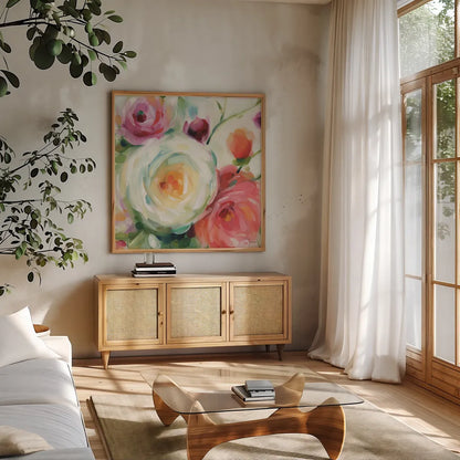 Florabundance II by Lisa Audit. Shown in a natural wood frame in a cozy modern living room. Available as an archival giclee rolled canvas, fine art paper, or poster print. SKU 33489a.