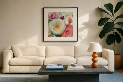 Florabundance II by Lisa Audit. Displayed in a glass frame with matte in a clean modern living room. Available as an archival giclee rolled canvas, fine art paper, or poster print. SKU 33489a.