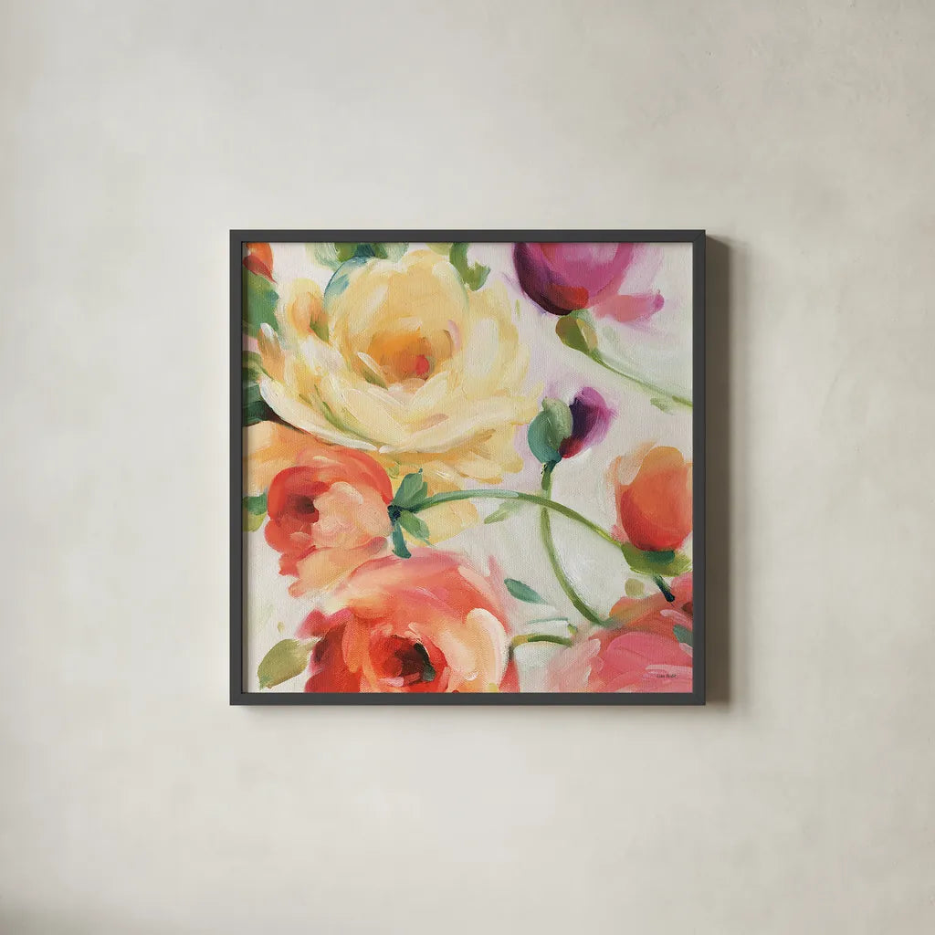 Florabundance III by Lisa Audit. Shown in a sleek black glass frame for a contemporary gallery look. Available as an archival giclee rolled canvas, fine art paper, or poster print. SKU 33490a.