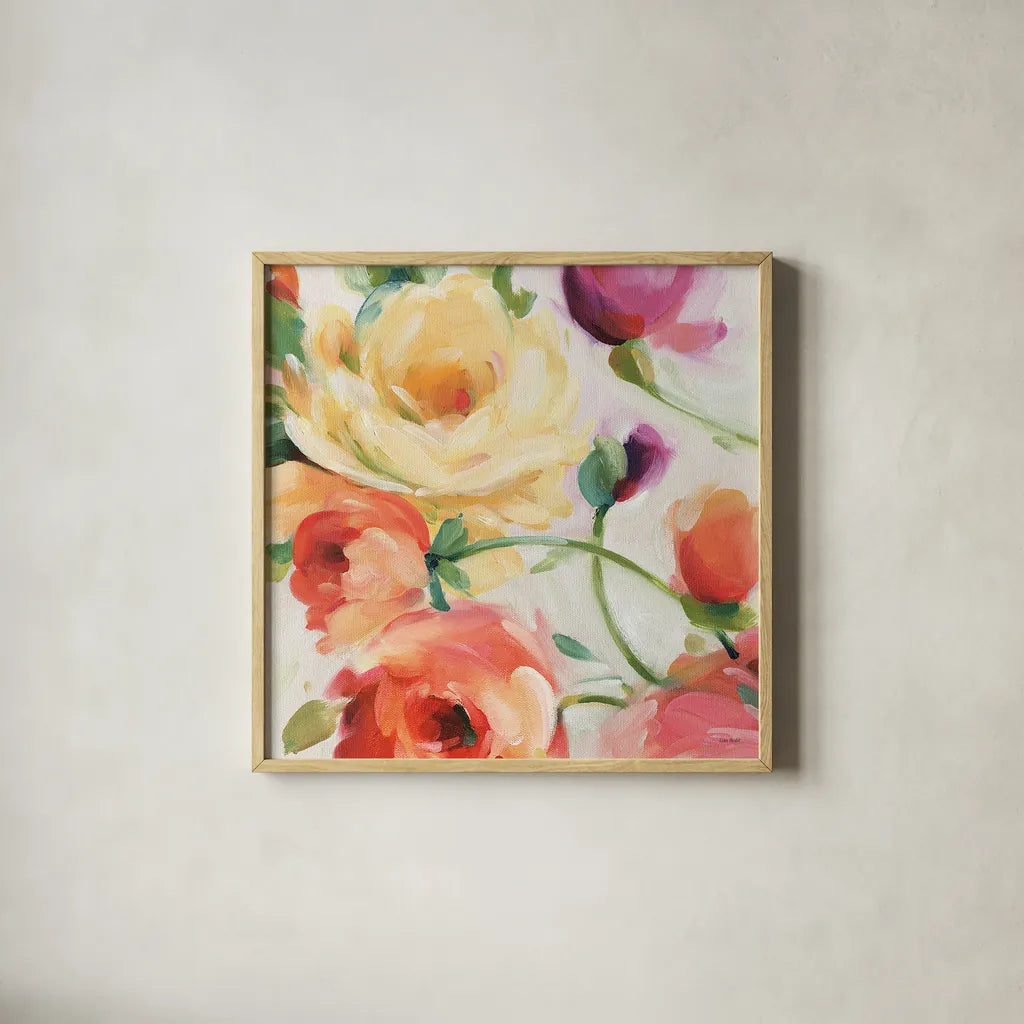 Florabundance III by Lisa Audit. Shown in a natural wood glass frame for a timeless modern aesthetic. Available as an archival giclee rolled canvas, fine art paper, or poster print. SKU 33490a.