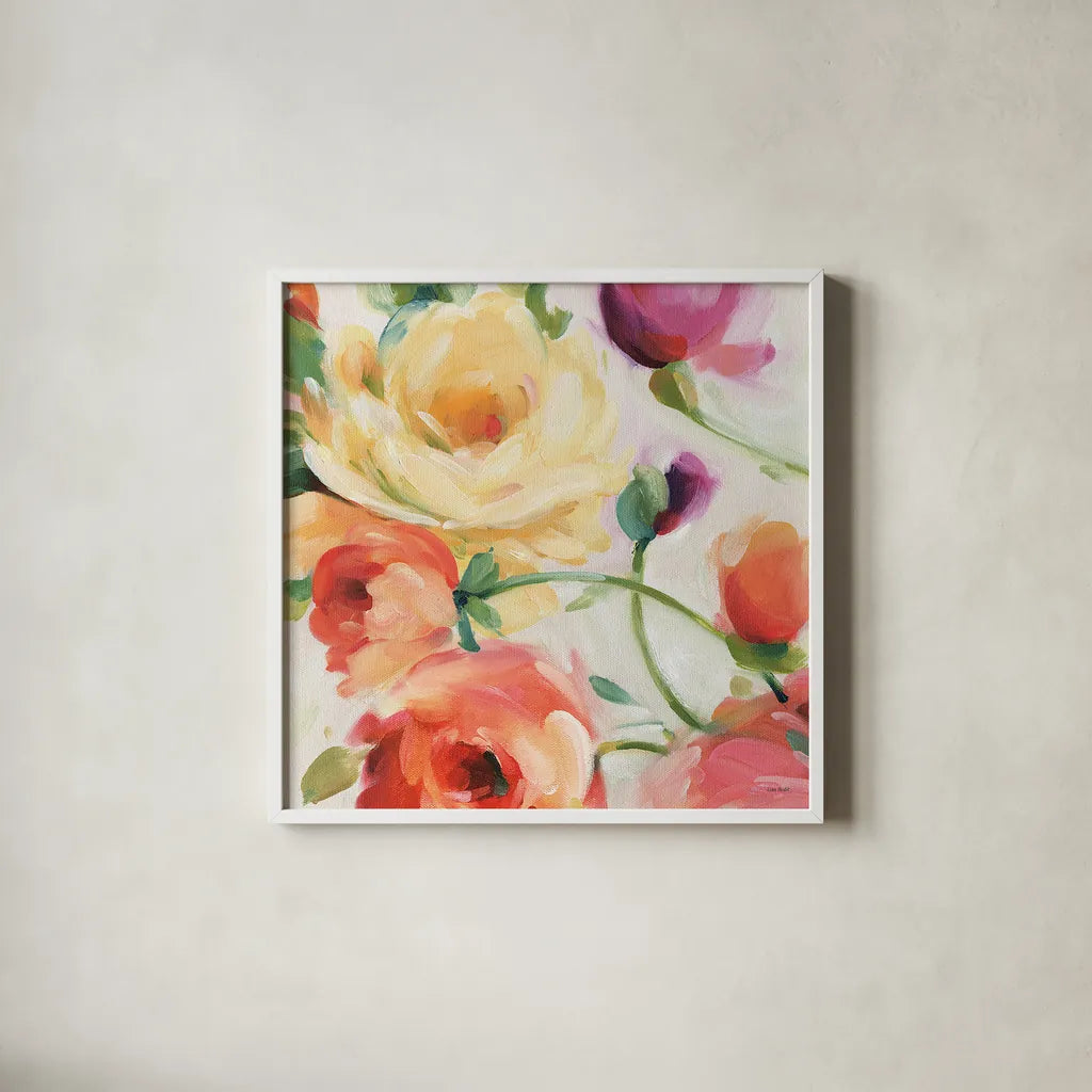 Florabundance III by Lisa Audit. Shown in a crisp white glass frame for a clean and minimalist style. Available as an archival giclee rolled canvas, fine art paper, or poster print. SKU 33490a.