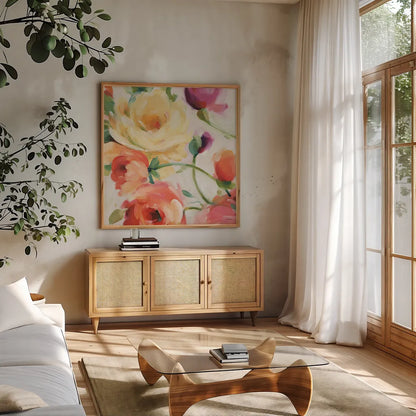 Florabundance III by Lisa Audit. Shown in a natural wood frame in a cozy modern living room. Available as an archival giclee rolled canvas, fine art paper, or poster print. SKU 33490a.