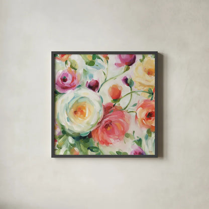 Florabundance IV by Lisa Audit. Shown in a sleek black glass frame for a contemporary gallery look. Available as an archival giclee rolled canvas, fine art paper, or poster print. SKU 33491a.