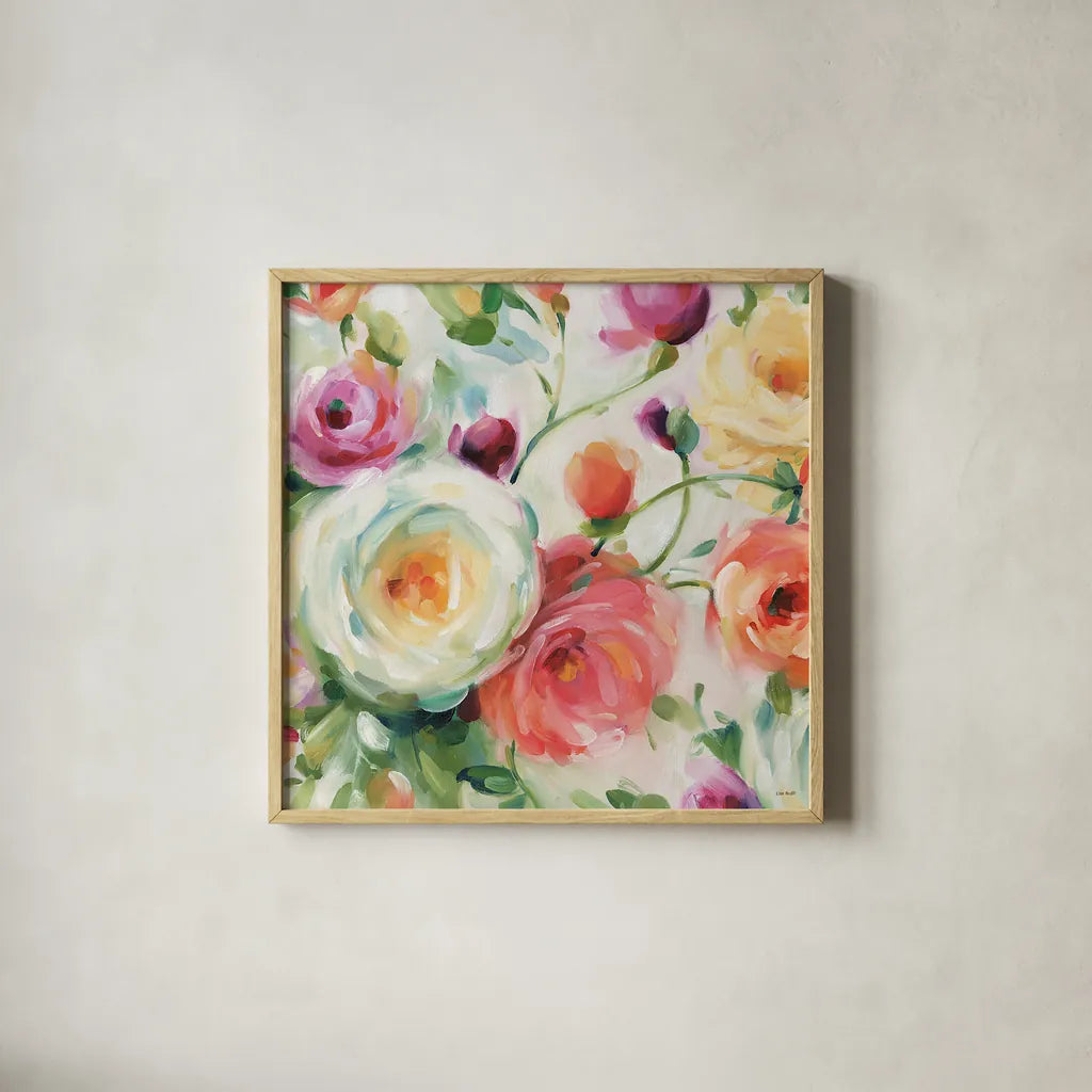 Florabundance IV by Lisa Audit. Shown in a natural wood glass frame for a timeless modern aesthetic. Available as an archival giclee rolled canvas, fine art paper, or poster print. SKU 33491a.