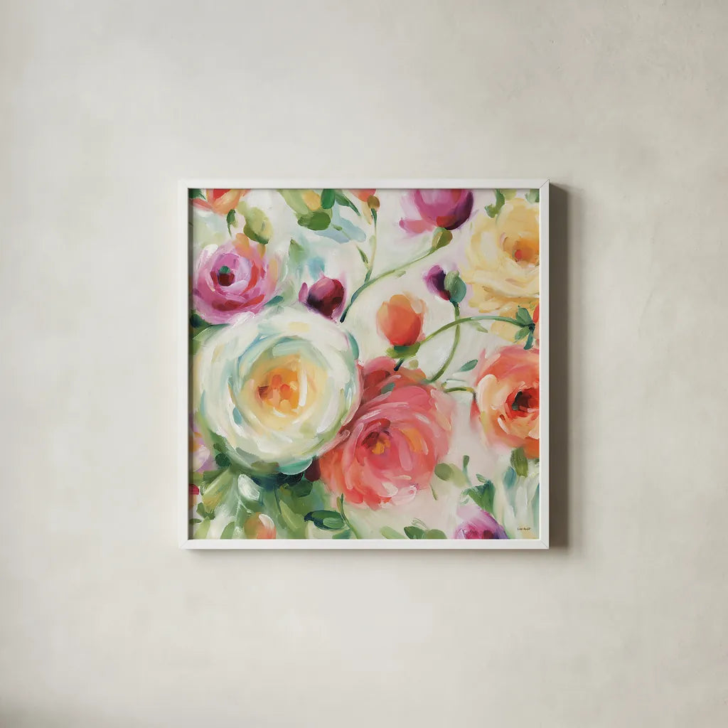 Florabundance IV by Lisa Audit. Shown in a crisp white glass frame for a clean and minimalist style. Available as an archival giclee rolled canvas, fine art paper, or poster print. SKU 33491a.