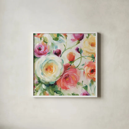 Florabundance IV by Lisa Audit. Shown in a crisp white glass frame for a clean and minimalist style. Available as an archival giclee rolled canvas, fine art paper, or poster print. SKU 33491a.