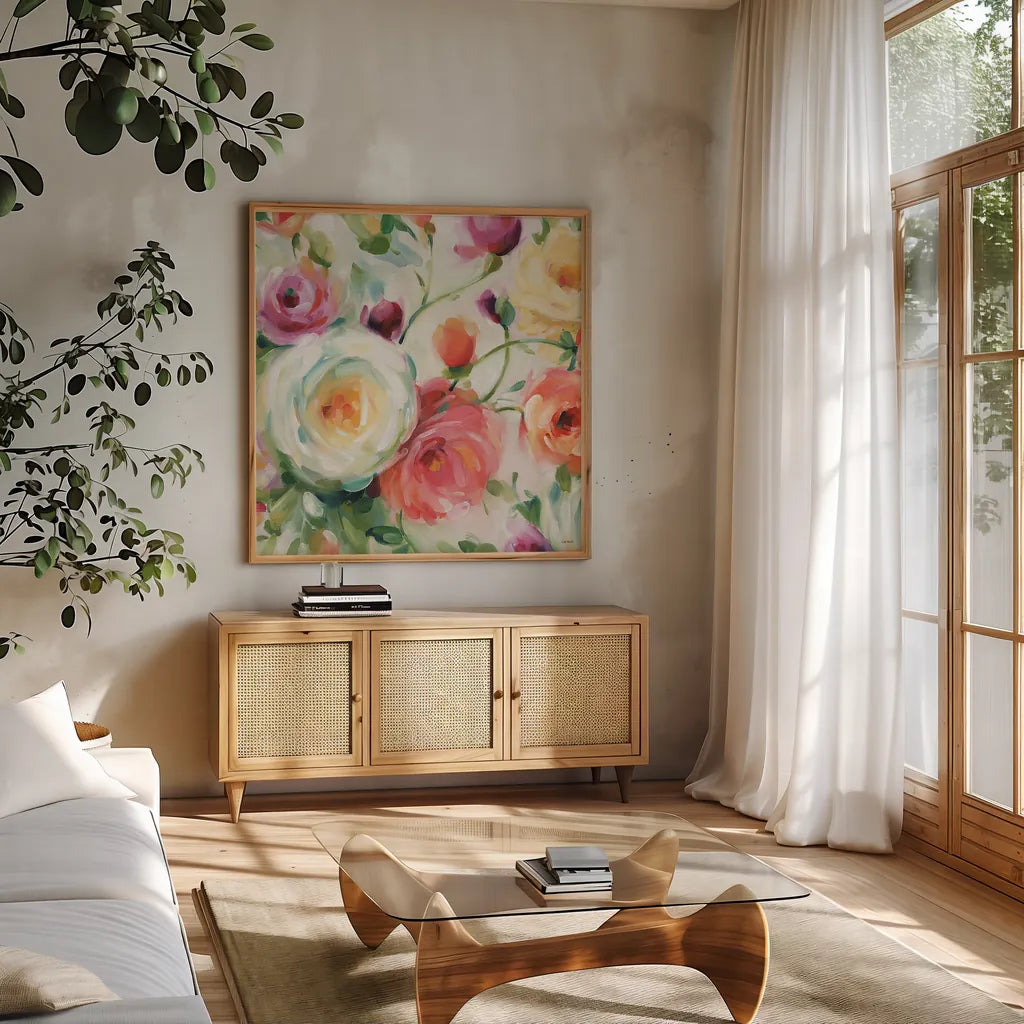 Florabundance IV by Lisa Audit. Shown in a natural wood frame in a cozy modern living room. Available as an archival giclee rolled canvas, fine art paper, or poster print. SKU 33491a.