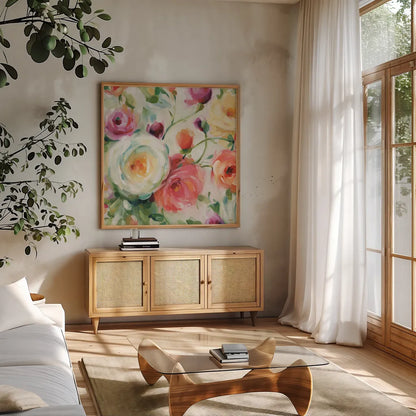 Florabundance IV by Lisa Audit. Shown in a natural wood frame in a cozy modern living room. Available as an archival giclee rolled canvas, fine art paper, or poster print. SKU 33491a.