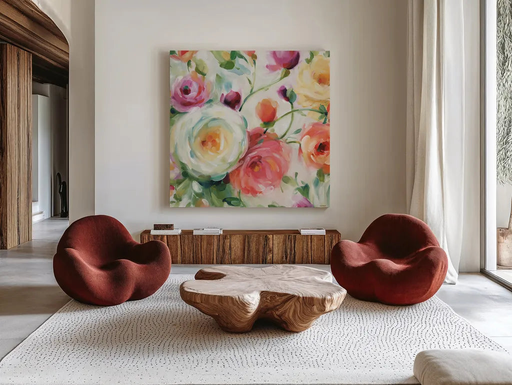 Florabundance IV by Lisa Audit. Shown as extra-large giant wall art in a modern living room. Available as an archival giclee rolled canvas, fine art paper, or poster print. SKU 33491a.
