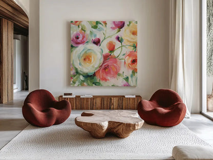 Florabundance IV by Lisa Audit. Shown as extra-large giant wall art in a modern living room. Available as an archival giclee rolled canvas, fine art paper, or poster print. SKU 33491a.