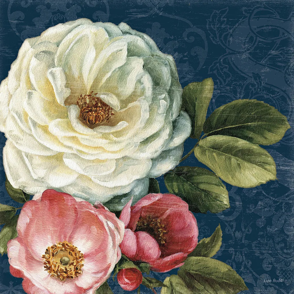 Floral Damask II on Indigo by Lisa Audit. SKU 12686a. Archival Giclee Fine art print for wall decor.